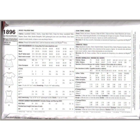 Simplicity 1896 Sewing Pattern - Misses' Pullover Tunic with or without Sleeves - Picture 3 of 3